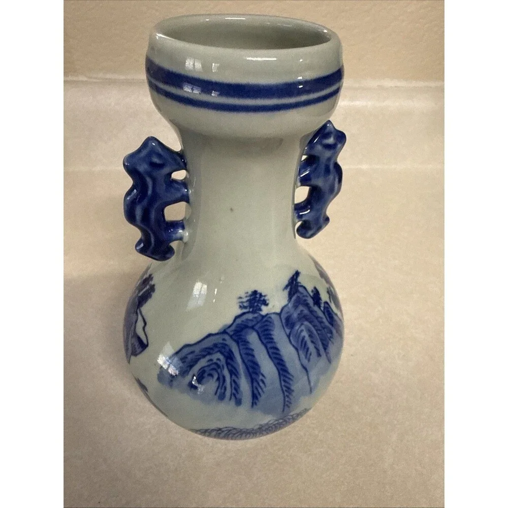 Blue & White Ceramic Landscape Vase Decorative Handles 8.25in